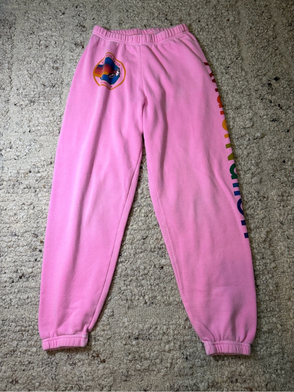 Aviator Nation Pink Fleece Joggers with Rainbow Side Script